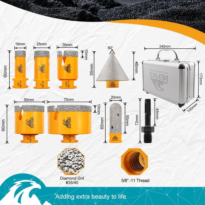 EXFEIN Tile Hole Saw Kit 8pcs - Diamond Core Drill Bits Set (19/25/35/50/75mm) & SDS Adapter for Tile Porcelain Ceramic Marble Granite with 20mm Diamond Finger Bit and 50mm Chamfer Bit Trimming Holes - Image 2